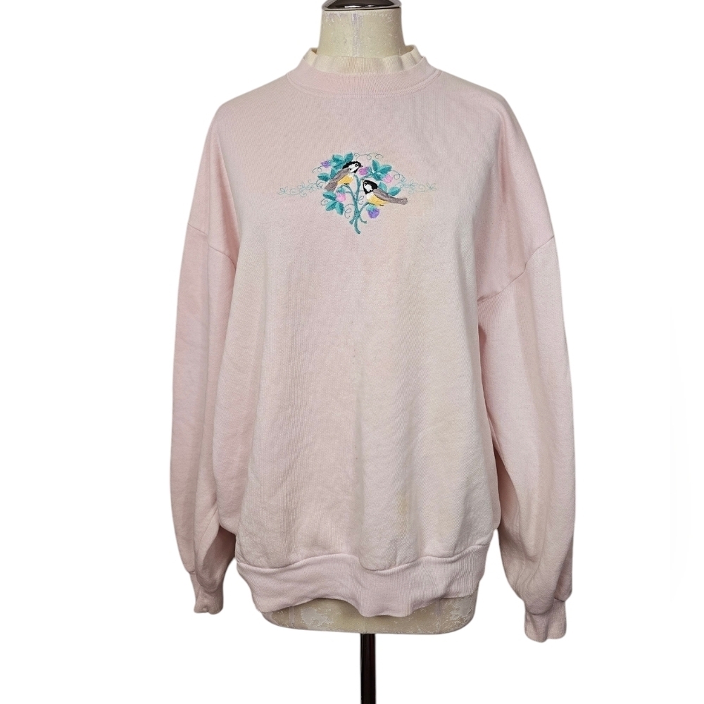 Top Stitch By Morning Sun Vintage Pink Mock Embroidered Bird Sweater XL